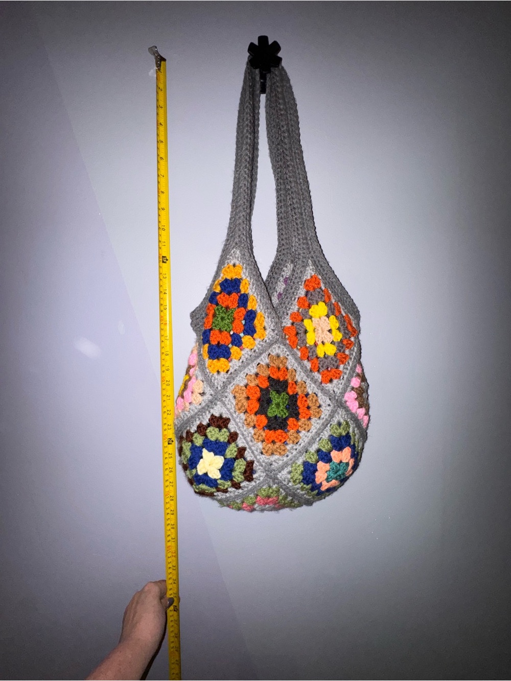 Handcrafted Gray Crochet Shoulder Bag with Multicolor Squares - Picture 3 of 3